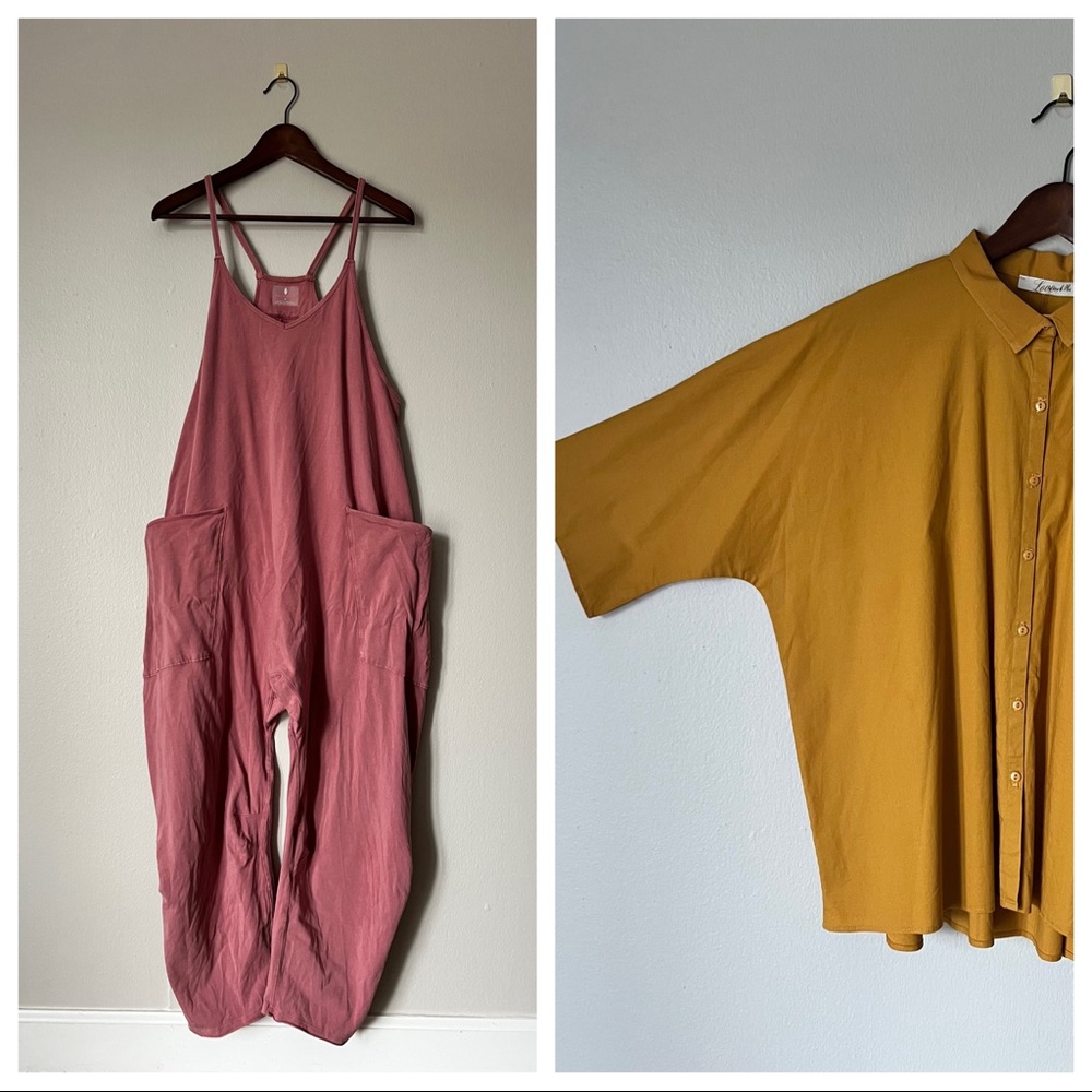 Perfect Slouchy Pair! FP Hotshot Onesie & Mustard Oversized Button Up